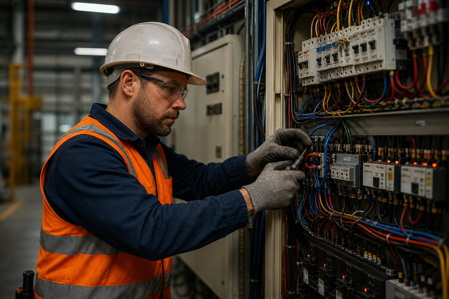 Worker at Electrical Switchboard in Orange HighVis