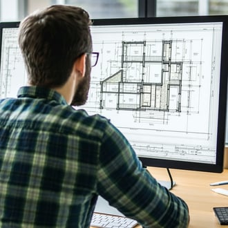man looking at construction drawings on a computer screen-1