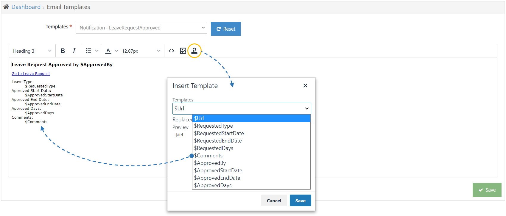 Email template tokens