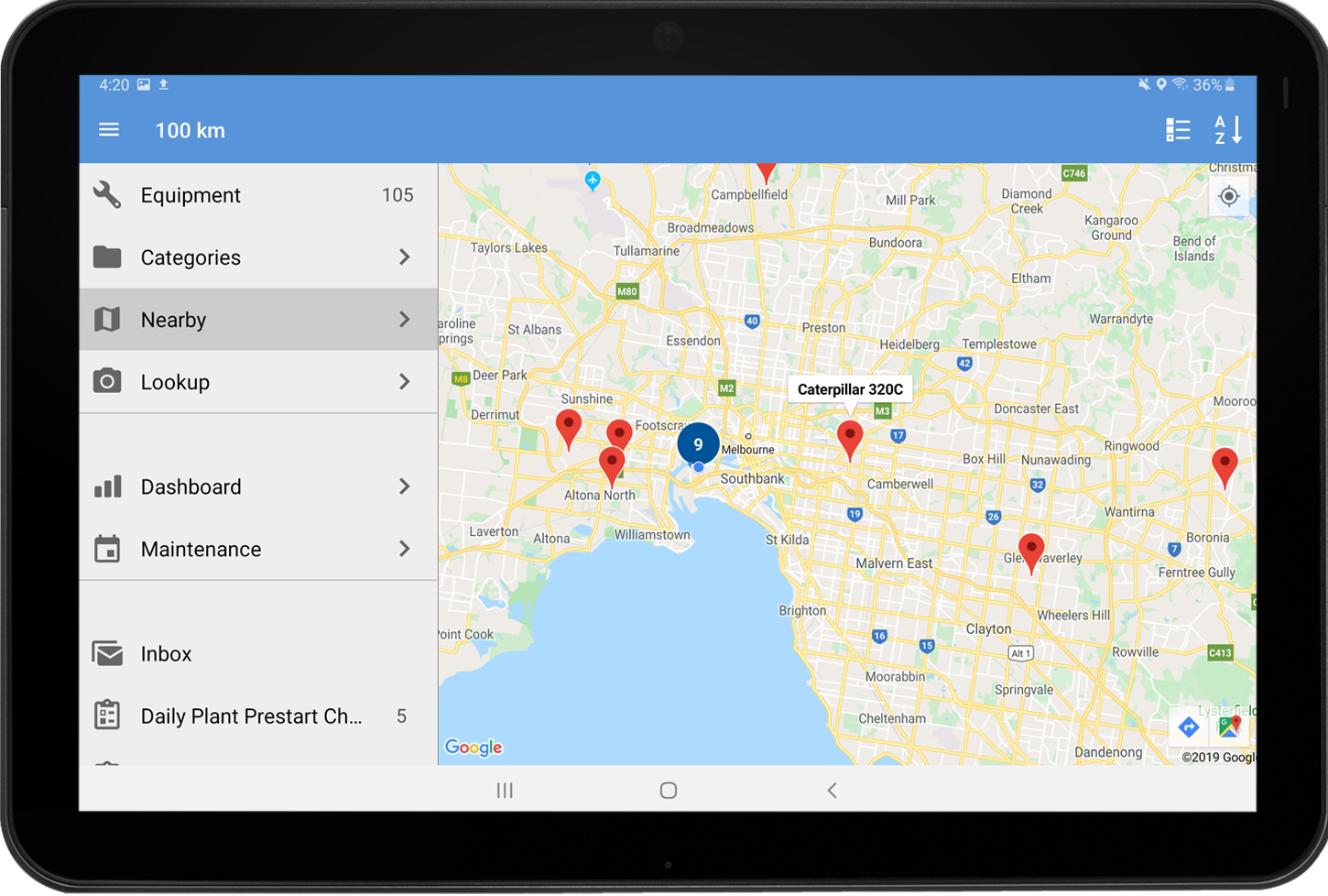 An Upvise tablet screen showing a map of equipment around Melbourne, beside a menu listing Equipment, Categories, Nearby, Lookup, Dashboard, Maintenance, Inbox and Daily Plant Prestart.