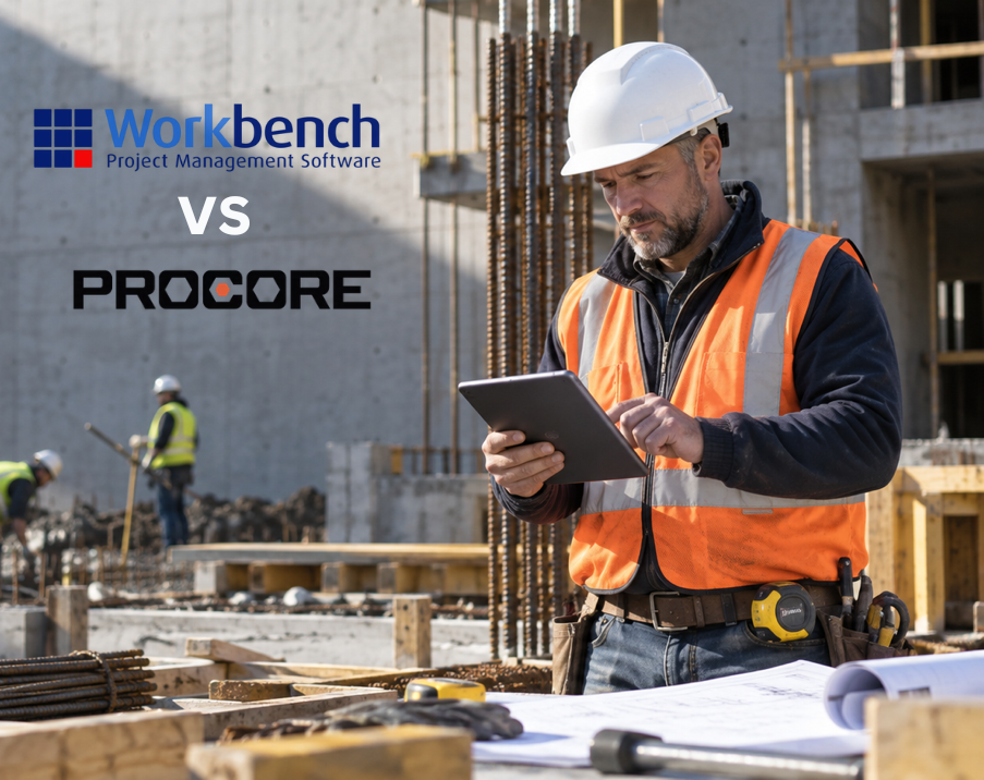 Workbench compared with Procore, and a site supervisor reviewing job cost on a tablet