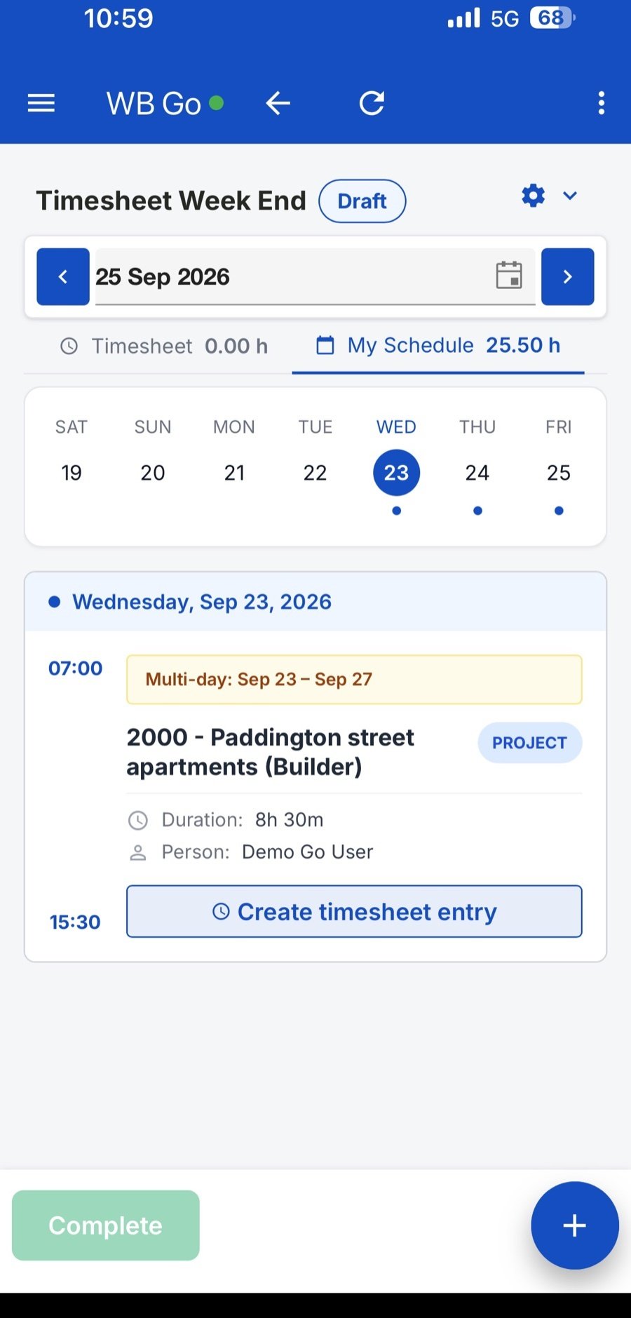 Workbench Go My Schedule showing a multi-day booking on a project, with a button to create the timesheet entry from it