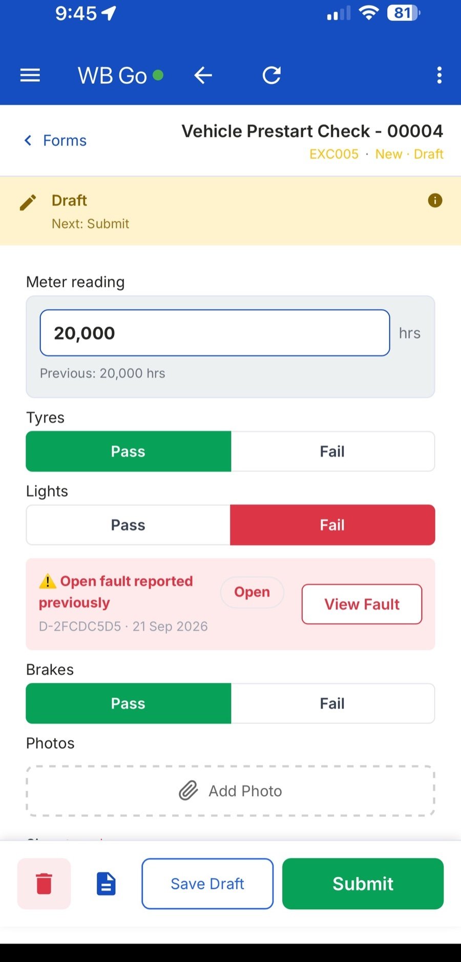 Workbench Go vehicle pre-start with a meter reading, pass and fail checks, and an open fault already reported on the lights