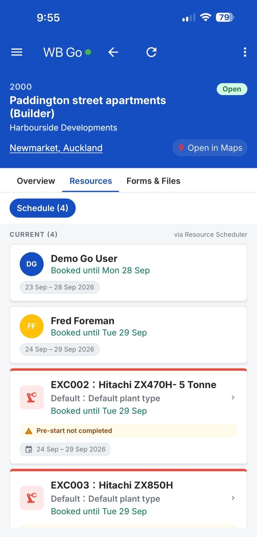 Workbench Go project resources listing the people and machines booked to a project, with machines whose pre-start is not completed flagged